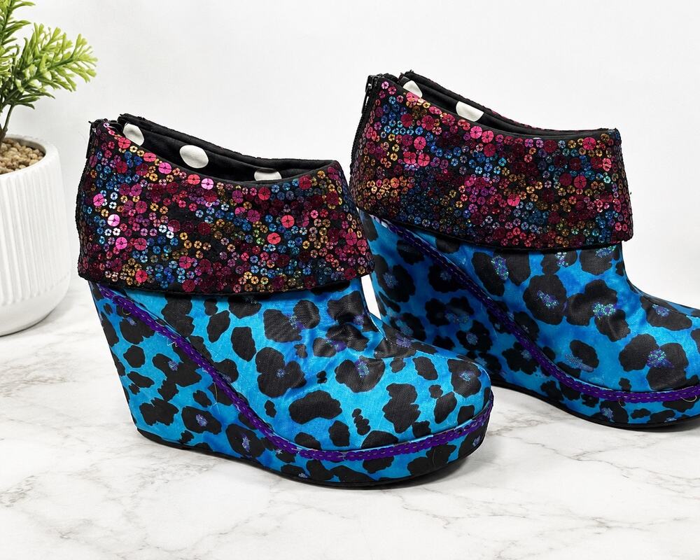 Iron Fist Treasure Box Turquoise Leopard Sequin Wedge Booties Custom Glitter 9